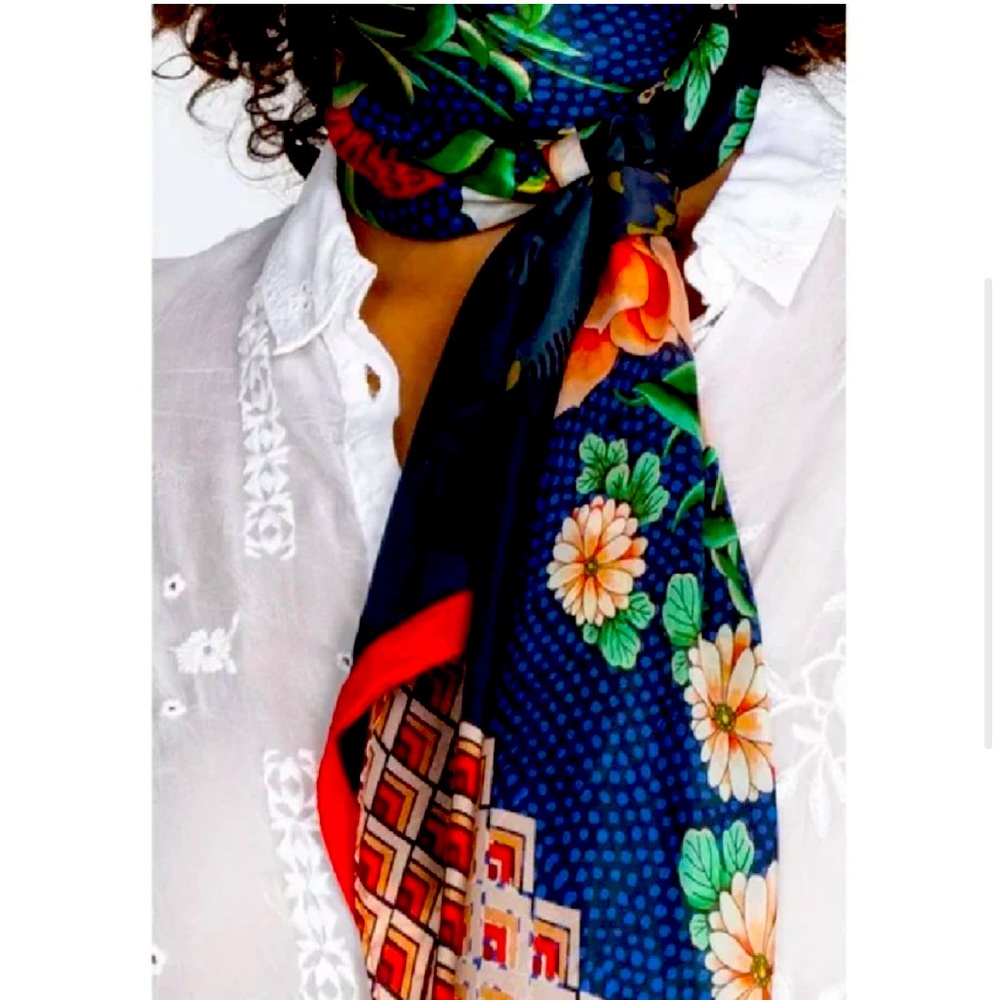 Johnny Was Scarves Silk DRAGONA SCARF Square Large Floral Blue Like New